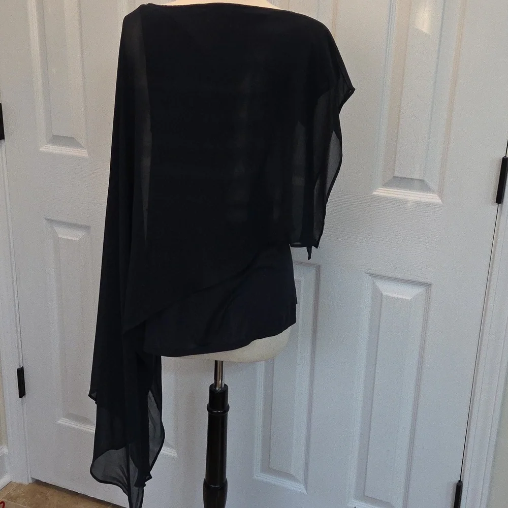 HAUTE HIPPIE DRAMATIC ASYMMETRICAL FLOWY CHIFFON OVERLAY SCARF TOP MIDNIGHT BLUE - Picture 8 of 9